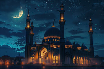 Wall Mural - beautiful islamic mosque at night with lights and moon. ramadan kareem holiday celebration background concept