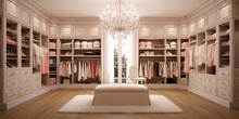 3D Rendering Of A Large And Luxurious Walk-in Closet With A Crystal Chandelier, Featuring Mostly Pink Clothes And Accessories.