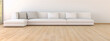 Bright interior with white sofa and wooden floor, 3d render