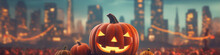 3D Illustration Of A Halloween Pumpkin With A Spooky Face In Front Of A Blurred Cityscape At Night