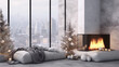 Christmas decorations in a modern living room with a fireplace and a view of the city.