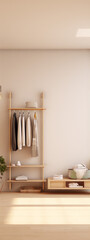 Wall Mural - 3d rendering of clothes rack with clothes on it in a room with a wooden floor and white walls in a minimalist style