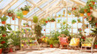 A bright and airy greenhouse with a variety of plants and flowers in pots and hanging baskets.