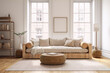 Bright airy living room interior with natural materials and soft furnishings in neutral colors.