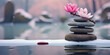 Stones and pink flowers on snow near water with blurred background