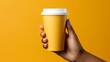 Person holds a cardboard cup of a hot drink, such as coffee or tea, a container that can be recycled
