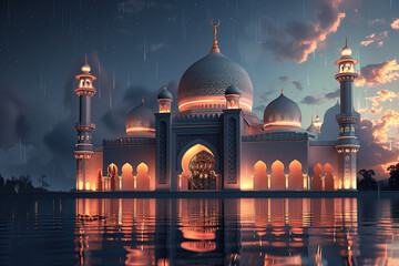 Wall Mural - an islamic mosque at night with white domes. ramadan kareem holiday celebration concept