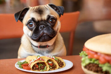 Close up portrait of adorable little pug sitting at mexican restaurant table eating tacos, funny Mexican food ad, blurred background with copy space for text