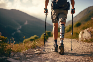 man with a prosthetic leg hiking walking through tail nature route mountain and forest