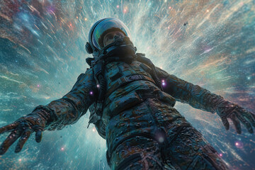 Wall Mural - astonaut soaring in astral space in magic trip with surreal sparkles and aura.