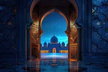 Wall Mural - an archway in a ramadan muslim at night with moon. Mosque at night time with moon light. ramadan kareem holiday celebration concept