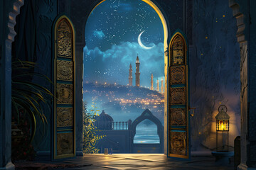 Wall Mural - an archway in a ramadan muslim at night with moon. Mosque at night time with moon light. ramadan kareem holiday celebration concept