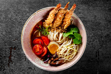 Poster - instant noodles ramen in spicy soup with shrimps