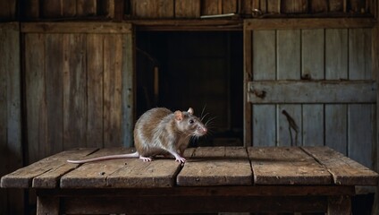 domestic rat on a wooden table in an old barn