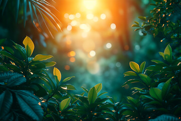 Wall Mural - Green leaves with sunbeams in the morning. Natural background.