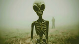 A surreal scene featuring an alien skeleton in a misty field, confronting a distant human silhouette shrouded in fog.
