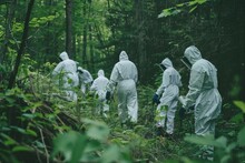 A Forensic Team Combing Through A Wooded Area For Evidence