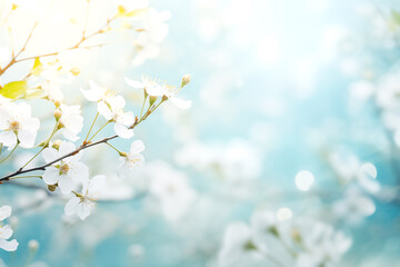Wall Mural - White cherry blossoms on bright blue background