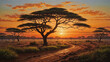 African savannah on the background of the sunset