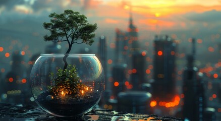 Wall Mural - A solitary tree stands tall in a glass bowl, reaching for the sky as the city lights dance in the sunset, a symbol of nature amidst the concrete jungle