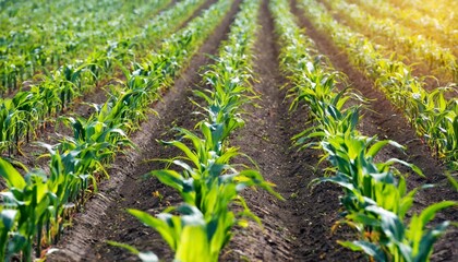 rows of sprouting maize in fields somewhere in ukraine