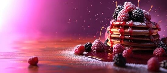 Aufkleber - Delicious homemade golden pancakes with fresh blackberries raspberries and raspberry syrup Extreme shallow depth of field. with copy space image. Place for adding text or design
