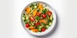 minimalistic design Quinoa tabbouleh salad with red cherry tomatoes, orange paprika, avocado, cucumbers