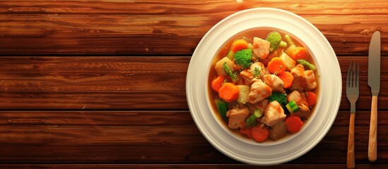 Aufkleber - homemade chicken stew with tomatoes onions carrot and potatoes on plate. with copy space image. Place for adding text or design