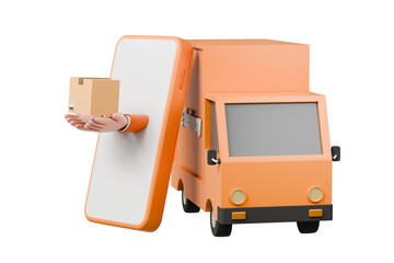 Wall Mural - 3d Courier Tuck delivers a parcel handholding phone delivery transportation logistics concept isolated on orange background. Online Shop with delivery concept. Minimal Cartoon icon design. 3d render.