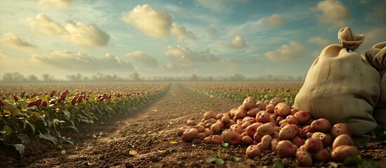 Aufkleber - Farmer harvesting potato in the farmland Pile of ripe potatoes on ground in field Fresh organic potatoes in the field Potato field with sacks of potato. with copy space image