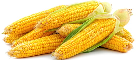 Fototapete - Ripe corn cob with dry husk leaves and kernels pile isolated on white background. with copy space image. Place for adding text or design