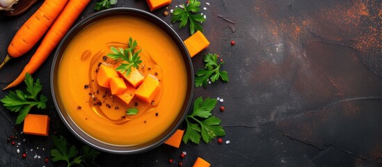 Aufkleber - Soup with sweet potatoes carrots pumpkin Flat lay top view. with copy space image. Place for adding text or design