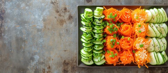 Wall Mural - Traditional Korean cucumber kimchi snack cucumbers stuffed with carrots green onions garlic and sesame fermented vegetables horizontal orientation. with copy space image