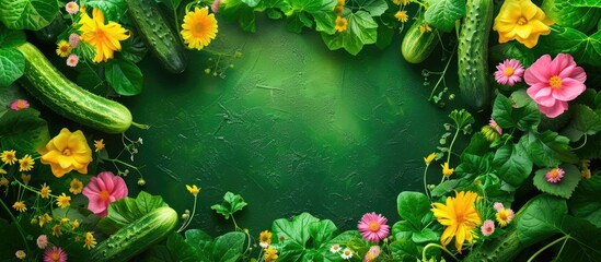 Aufkleber - Picking cucumbers in the vegetable garden Fresh green cucumbers and yellow flowers. with copy space image. Place for adding text or design