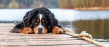 A Big And Fluffy Bernese Mountain Dog Rests On A Wooden Pier By A Rope.