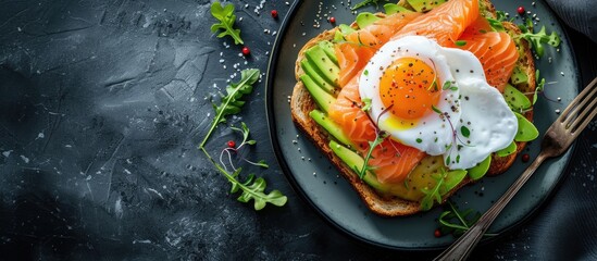 Leinwandbilder - Toast with salmon poached egg and avocado on a white plate Poached egg with salmon and guacamole on rye bread. with copy space image. Place for adding text or design
