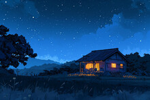 Illustration House On A Farm With Many Big Stars In The Sky At Night.
