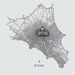 A black and white map displaying various landmarks, streets, and significant features of the city of Rome.