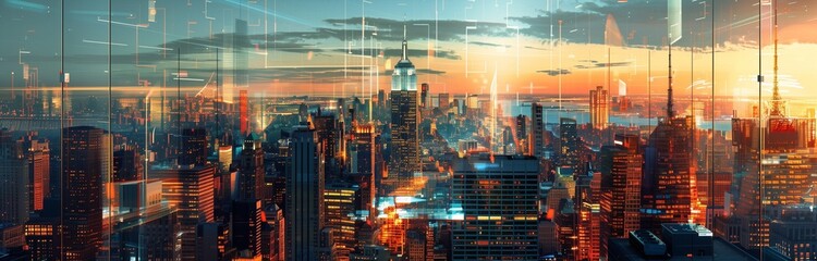 Wall Mural - beautiful cityscape with reflections on skyscrapers at sunset