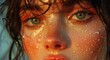 A glistening visage of feminine beauty, framed by delicate eyelashes and adorned with dewy skin, captivating eyes, and soft lips, evoking a sense of intimacy and vulnerability
