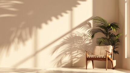  The beige background creates a sense of warmth and relaxation, while the shadow and palm dwarf trees add a touch of nature. The armchair in the house provides a cozy spot to sit back and unwind in thi
