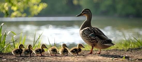 Wall Mural - A group of wild ducklings follows their mother along the shore of a lake on a summer day.