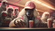 A camel sips iced coffee in a Starbucks booth crowded with morning customers staring at the camera