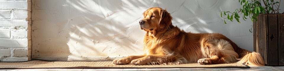 Wall Mural - Cute relaxed dog lying on cool mat in hot day , white wall background, summer heat. ai generated