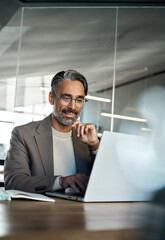 Wall Mural - Busy happy middle aged business man executive ceo wearing suit and glasses sitting at desk using laptop. Mature professional businessman manager working looking at computer in office. Vertical.