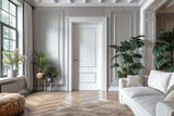 Fototapeta Uliczki - White interior door in a modern interior, in light colors in a classic style. Interior Design.