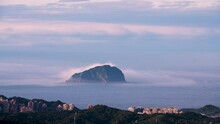Keelung Island Is Surrounded By Surging Fog And Moving Clouds In The Sky. Enjoy Mountain And Sea Views From Ruifang Wufen Mountain, Taiwan.