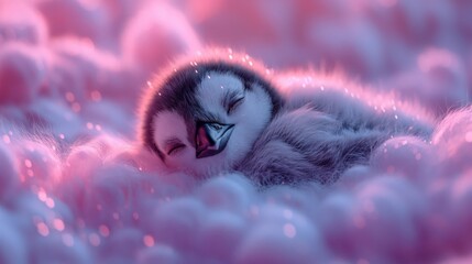 Wall Mural - cute little Penguin sleeping on clouds