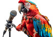 A musical parrot with headphones, holding a microphone, ready to entertain with its vibrant feathers on a transparent background