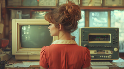 Poster - Vintage Office Vibes: Woman with Old Computer